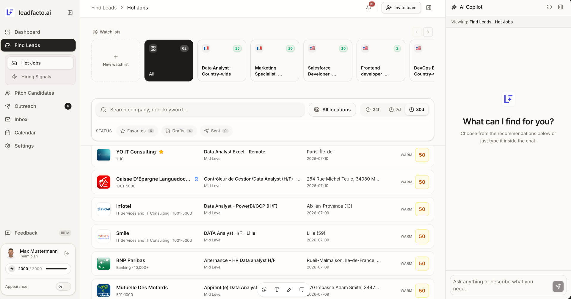 Leadfacto app dashboard showing Hot Jobs watchlists and lead pipeline